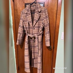 & Other Stories Biege/Brownish Plaid Wool long coat in Size Small